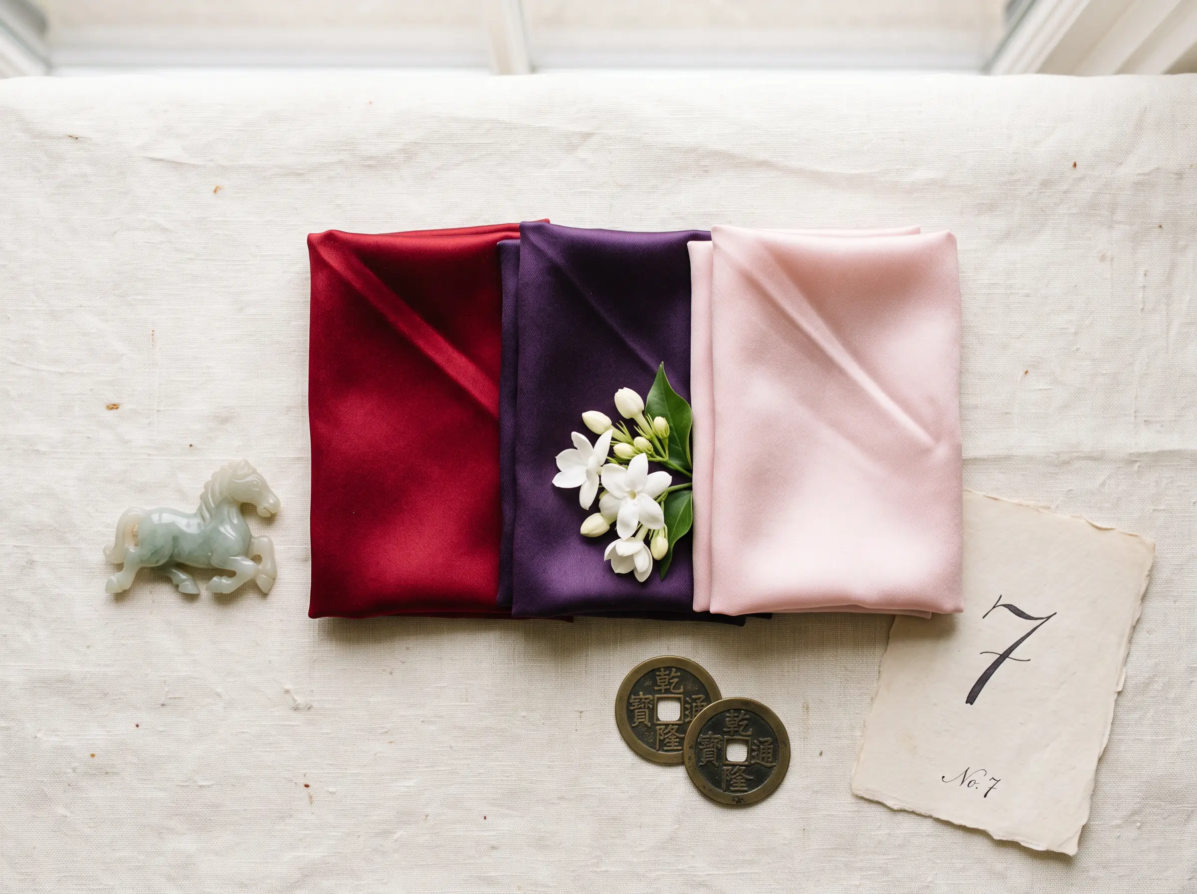 An elegant flat lay of red, purple, and pink fabric swatches alongside a jade Horse pendant, dried jasmine flowers, and a small number 7 token on a cream linen background, representing the Horse's lucky colors and symbols for 2027