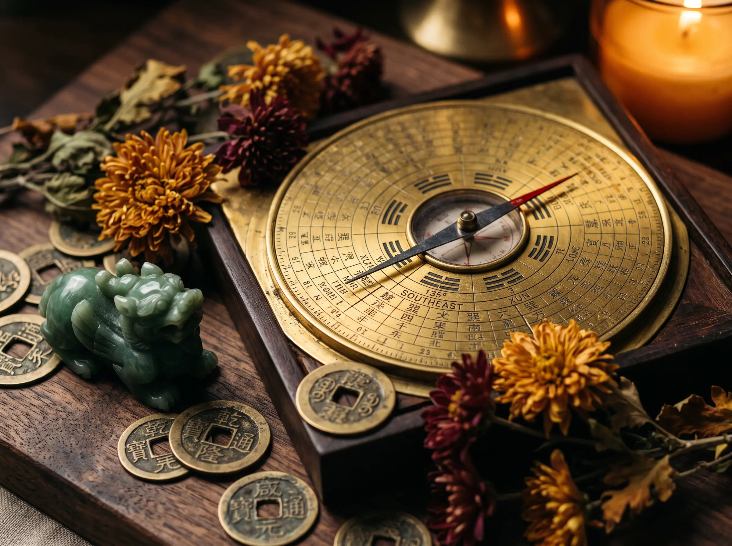 A golden compass pointing Southeast surrounded by Chinese coins, a Pixiu figurine, and warm amber light, representing the Horse's wealth direction in 2027