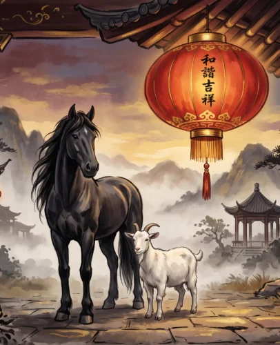 horse-goat-six-harmony-2027-chinese-zodiac.jpg A majestic horse and a gentle goat standing together under a glowing red lantern, symbolizing the Six Harmony bond in the 2027 Year of the Fire Goat