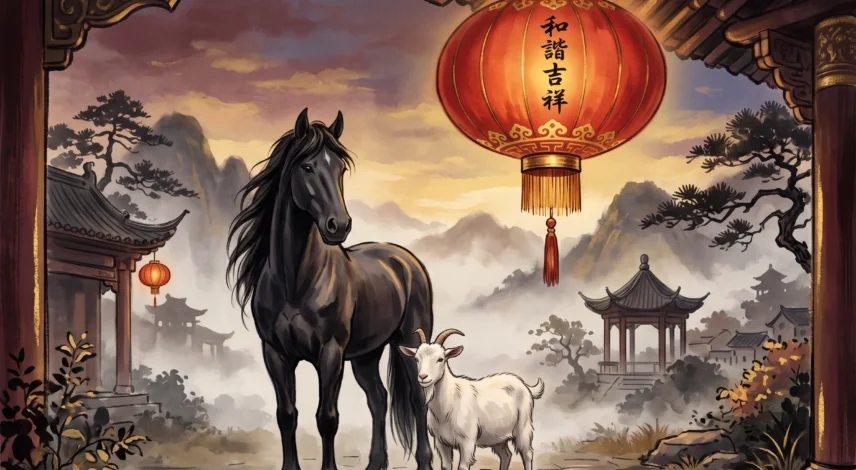 A majestic horse and a gentle goat standing together under a glowing red lantern, symbolizing the Six Harmony bond in the 2027 Year of the Fire Goat