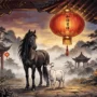 A majestic horse and a gentle goat standing together under a glowing red lantern, symbolizing the Six Harmony bond in the 2027 Year of the Fire Goat