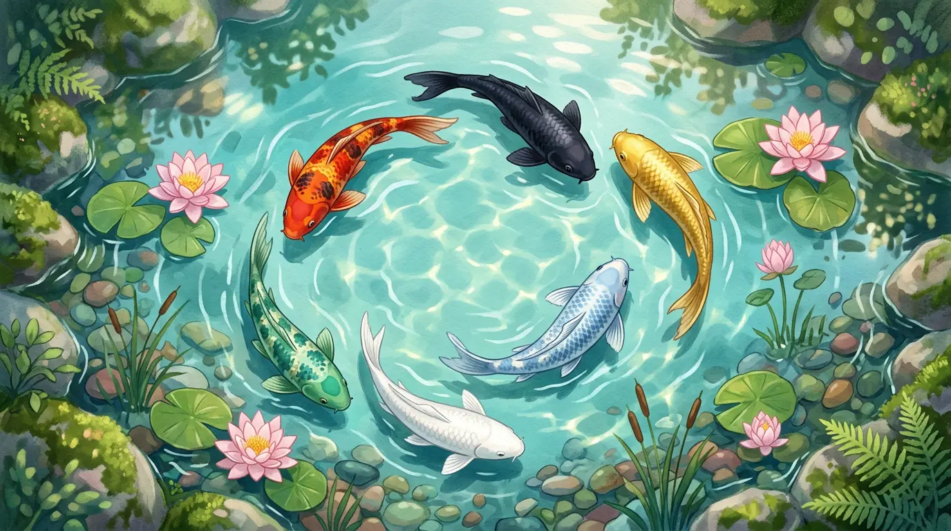 Six koi fish in red, black, gold, blue, white, and green swimming together, showing different koi color meanings
