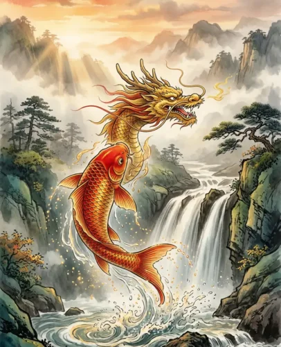 Red and gold koi fish leaping through a misty waterfall, transforming into a golden dragon at the Dragon Gate