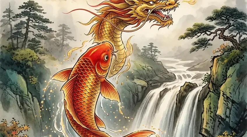 koi-fish-dragon-gate-transformation Red and gold koi fish leaping through a misty waterfall, transforming into a golden dragon at the Dragon Gate