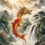 koi-fisk-dragon-gate-transformation Rød og gylden koifisk springer gennem et tåget vandfald og forvandler sig til en gylden drage ved Drageporten
