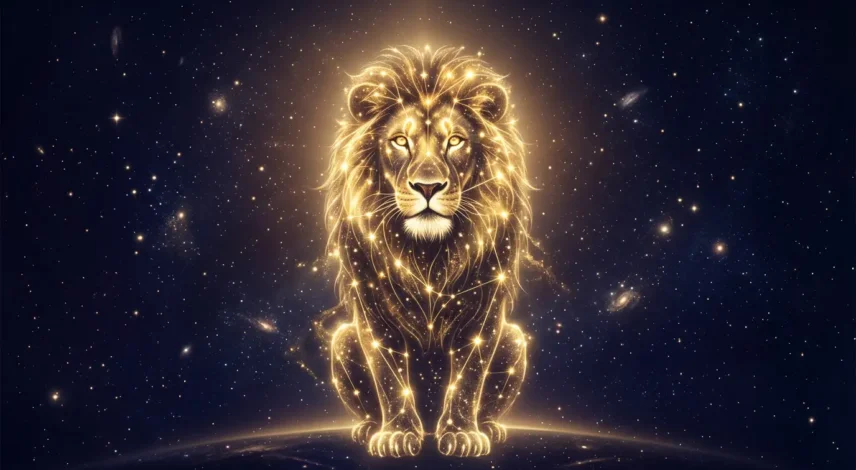 leo-2027-horoscope-celestial-lion Golden celestial lion constellation representing the Leo 2027 horoscope against a deep indigo night sky