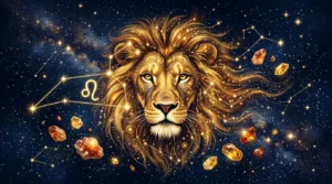 Horoscope du Lion 2027&nbsp;: illustration céleste représentant la constellation du Lion, un lion doré et des pierres précieuses porte-bonheur sur un ciel étoilé.