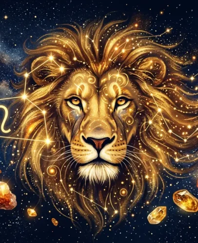 Leo 2027 horoscope celestial art with the Leo constellation, a golden lion, and lucky gemstones on a starry sky