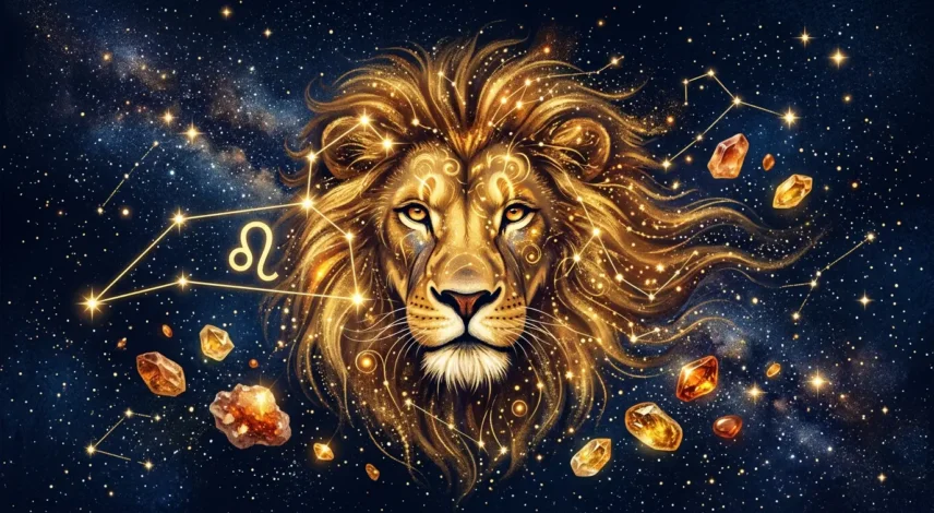 leo-2027-horoscope-zodiac-celestial Leo 2027 horoscope celestial art with the Leo constellation, a golden lion, and lucky gemstones on a starry sky