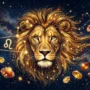 Leo 2027 horoscope celestial art with the Leo constellation, a golden lion, and lucky gemstones on a starry sky