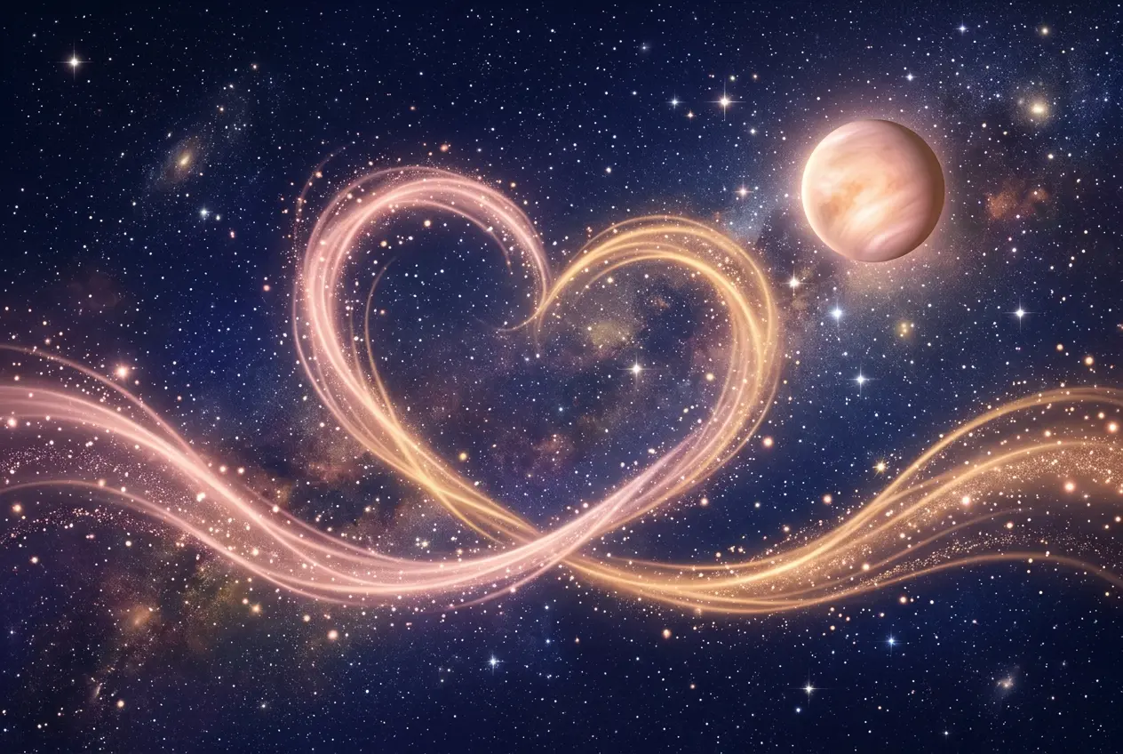 Warm celestial scene symbolizing the Leo love horoscope 2027, with Venus glowing over a starlit sky