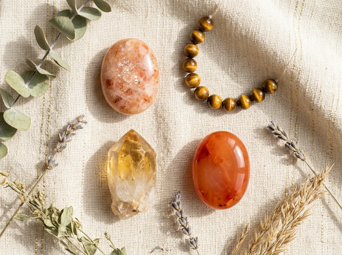 Leo 2027 lucky crystals flat-lay: sunstone, tiger's eye, citrine, and carnelian on cream linen
