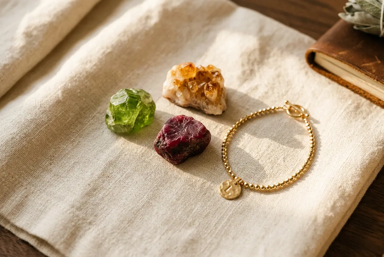 Peridot, ruby, and citrine crystals with gold jewelry, the lucky Leo birthstones and crystals for 2027