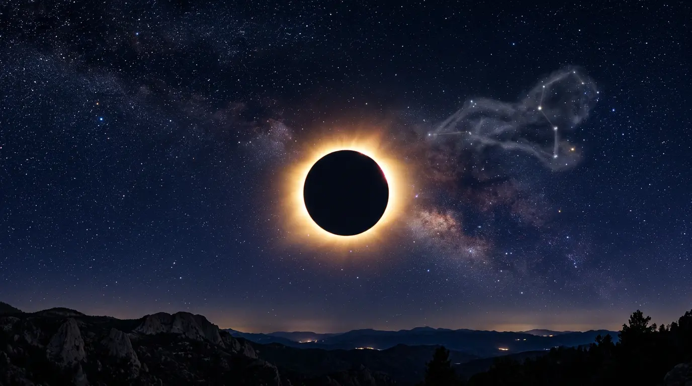 Total solar eclipse glowing gold over the Leo constellation, marking the August 2, 2027 Leo eclipse