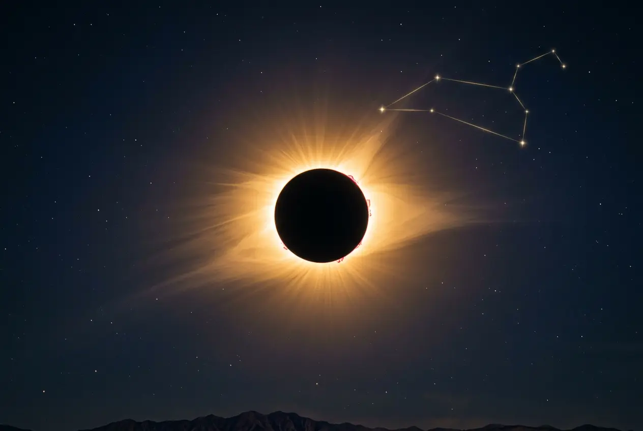 Total solar eclipse with a glowing corona over Leo, marking the key August 2, 2027 transit