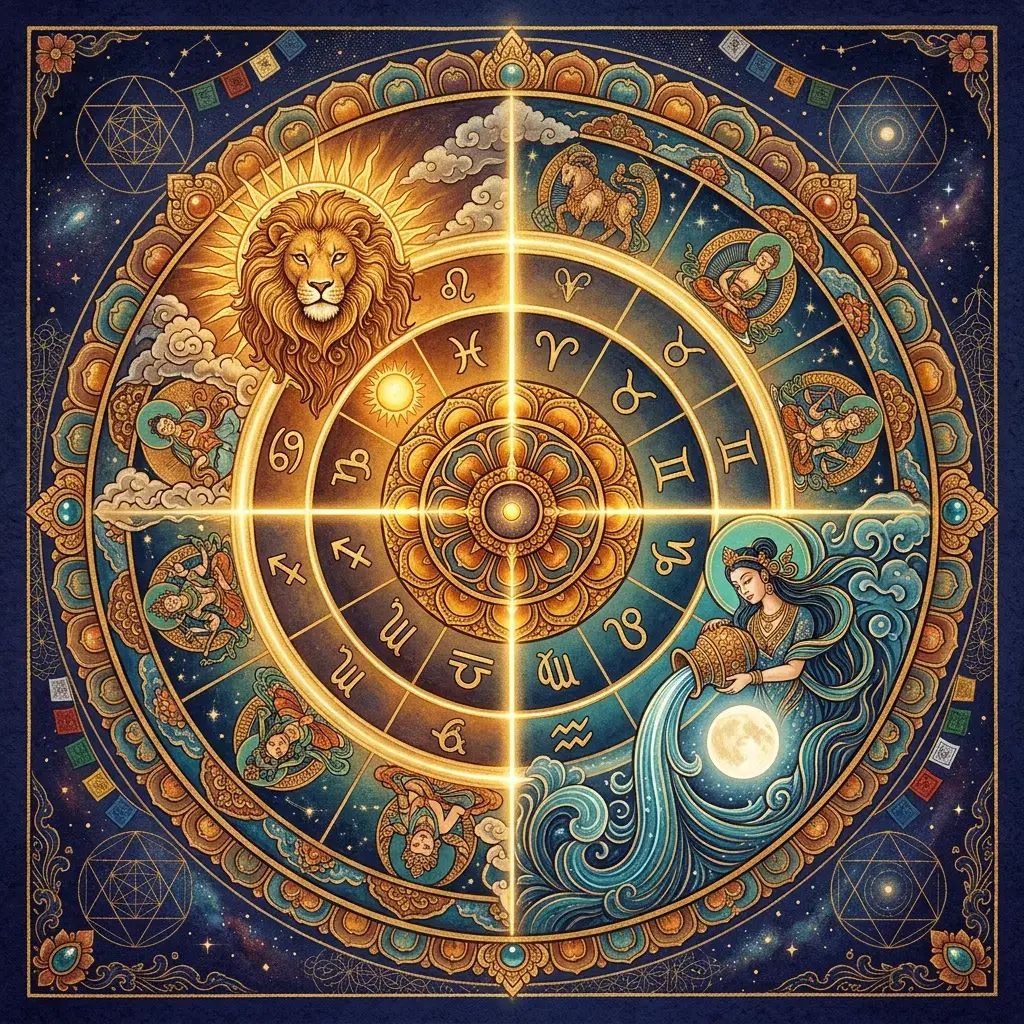 Zodiac wheel diagram highlighting the Leo–Aquarius eclipse axis, with the solar eclipse on the Leo side and the lunar eclipse on the Aquarius side