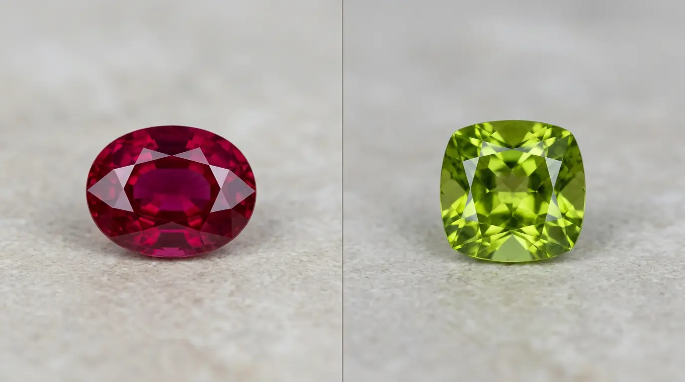 Leo birthstone comparison: red ruby for July-born Leos and green peridot for August-born Leos