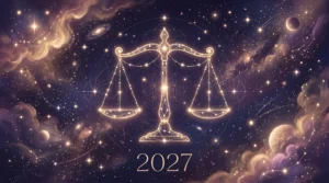 Illustration af horoskopet Vægten 2027 med den gyldne Vægtens skællkonstellation, der lyser på en stjerneklar indigohimmel.