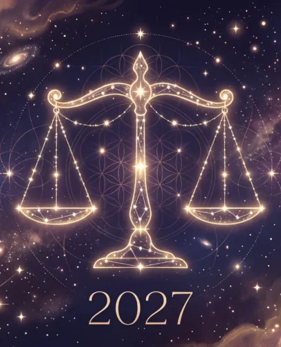libra-2027-horoscope-hero Libra 2027 horoscope illustration with the golden Libra scales constellation glowing in a starry indigo sky
