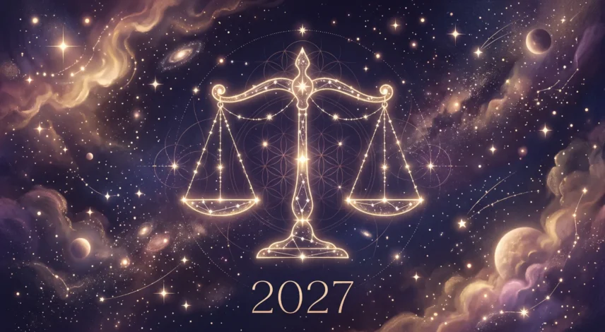 libra-2027-horoscope-hero Libra 2027 horoscope illustration with the golden Libra scales constellation glowing in a starry indigo sky