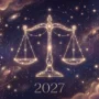 libra-2027-horoscope-hero Libra 2027 horoscope illustration with the golden Libra scales constellation glowing in a starry indigo sky