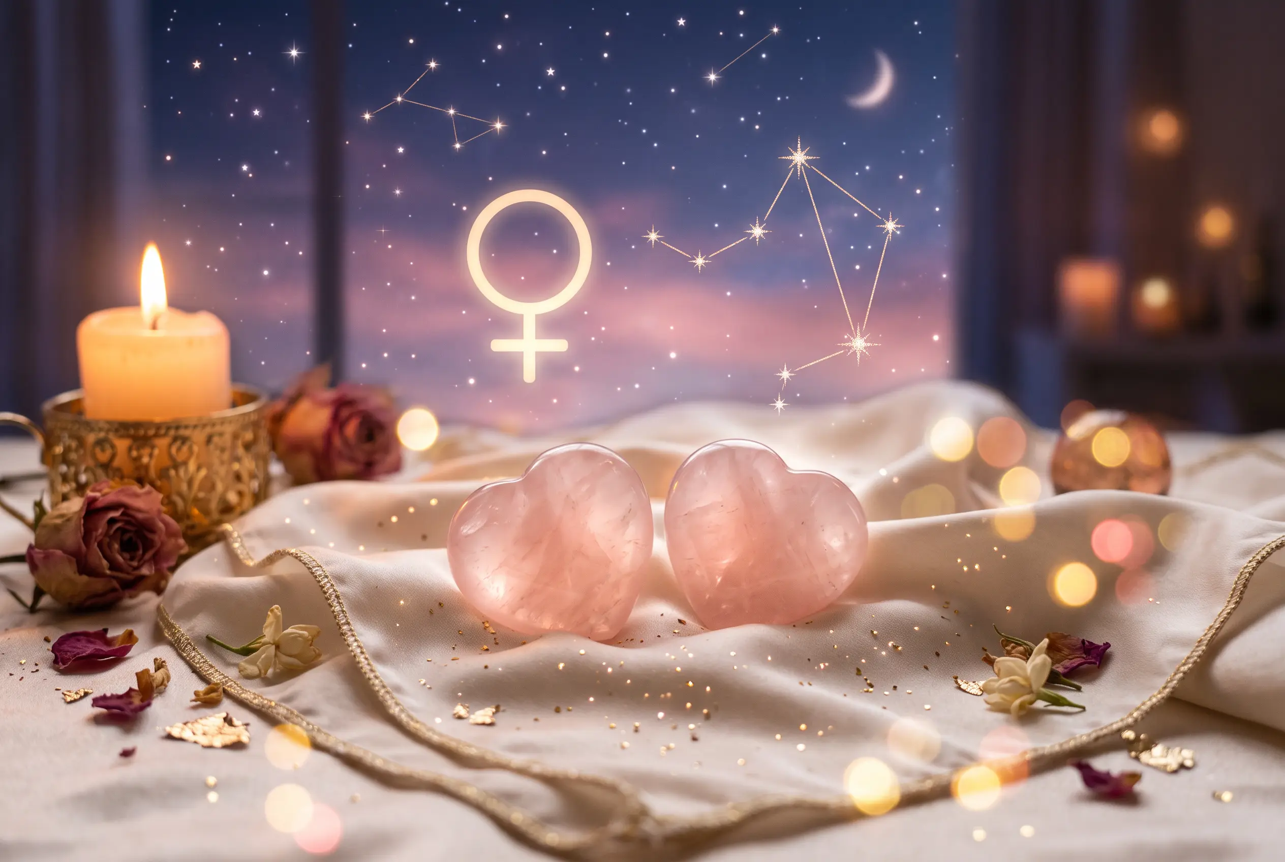 Two rose quartz hearts beside the Venus symbol under a starry Libra sky, representing Libra love in 2027