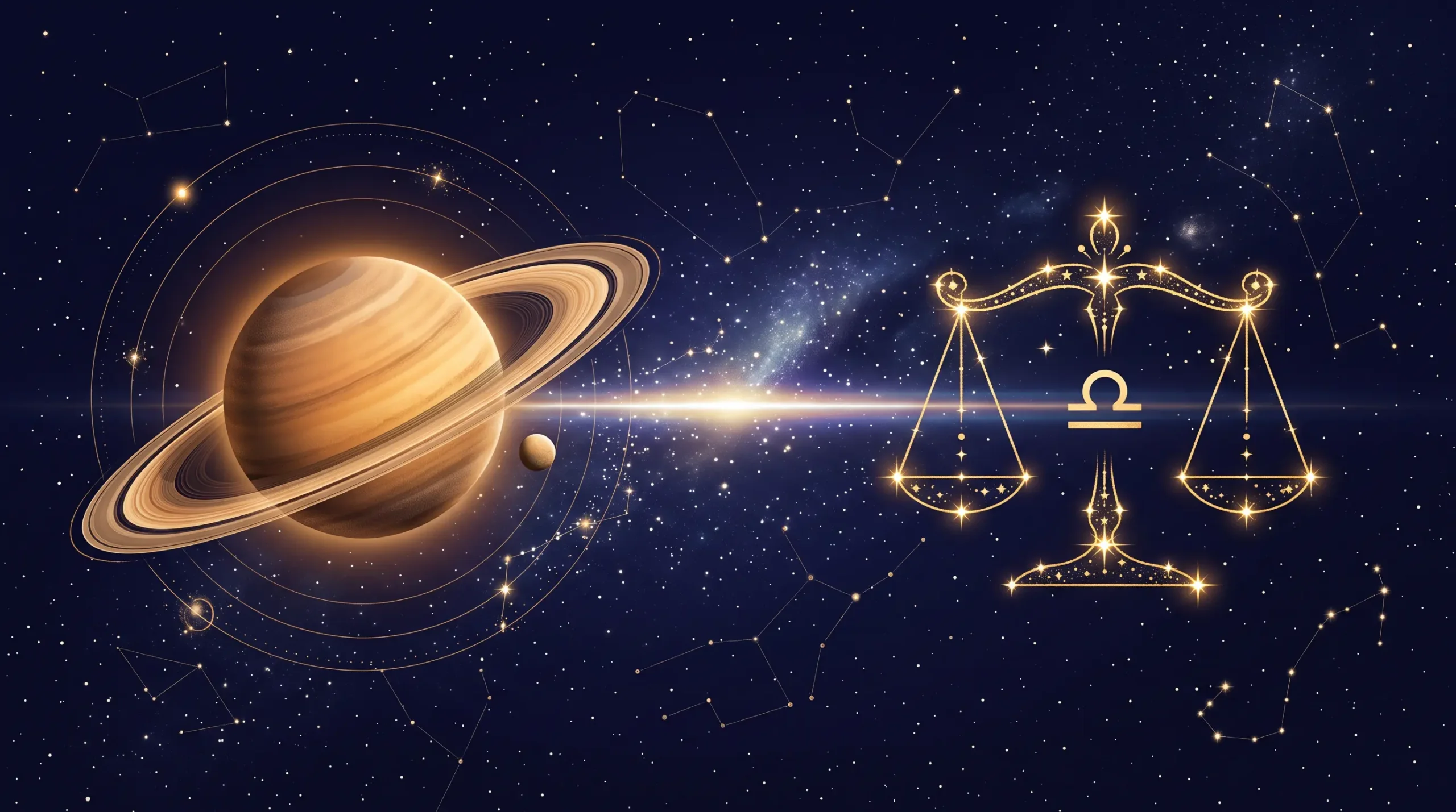 Diagram of Saturn opposite Libra in 2027, the ringed planet facing the Libra scales across a starfield