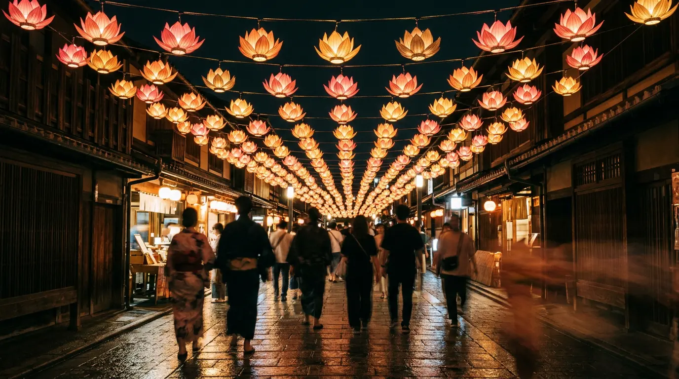 Glowing lotus-shaped lanterns illuminated at night during a Vesak lantern festival
