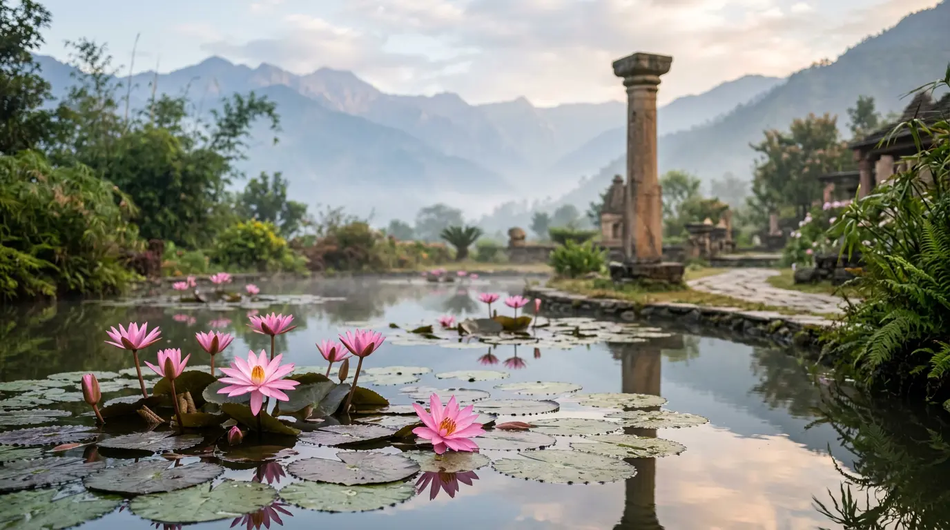 Blooming lotus flowers in a tranquil garden symbolizing Lumbini, the birthplace of the Buddha