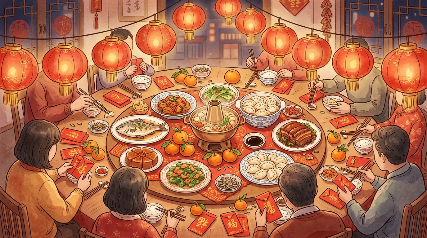 Family reunion dinner table with red lanterns and red envelopes celebrating the 2027 Fire Goat Lunar New Year