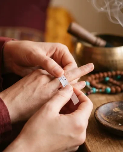 Detail ruky měřící velikost prstu papírovým proužkem vedle tibetského prstenu s mantrou Óm Mani Padmé Húm, teplé pozadí osvětlené vonnými tyčinkami