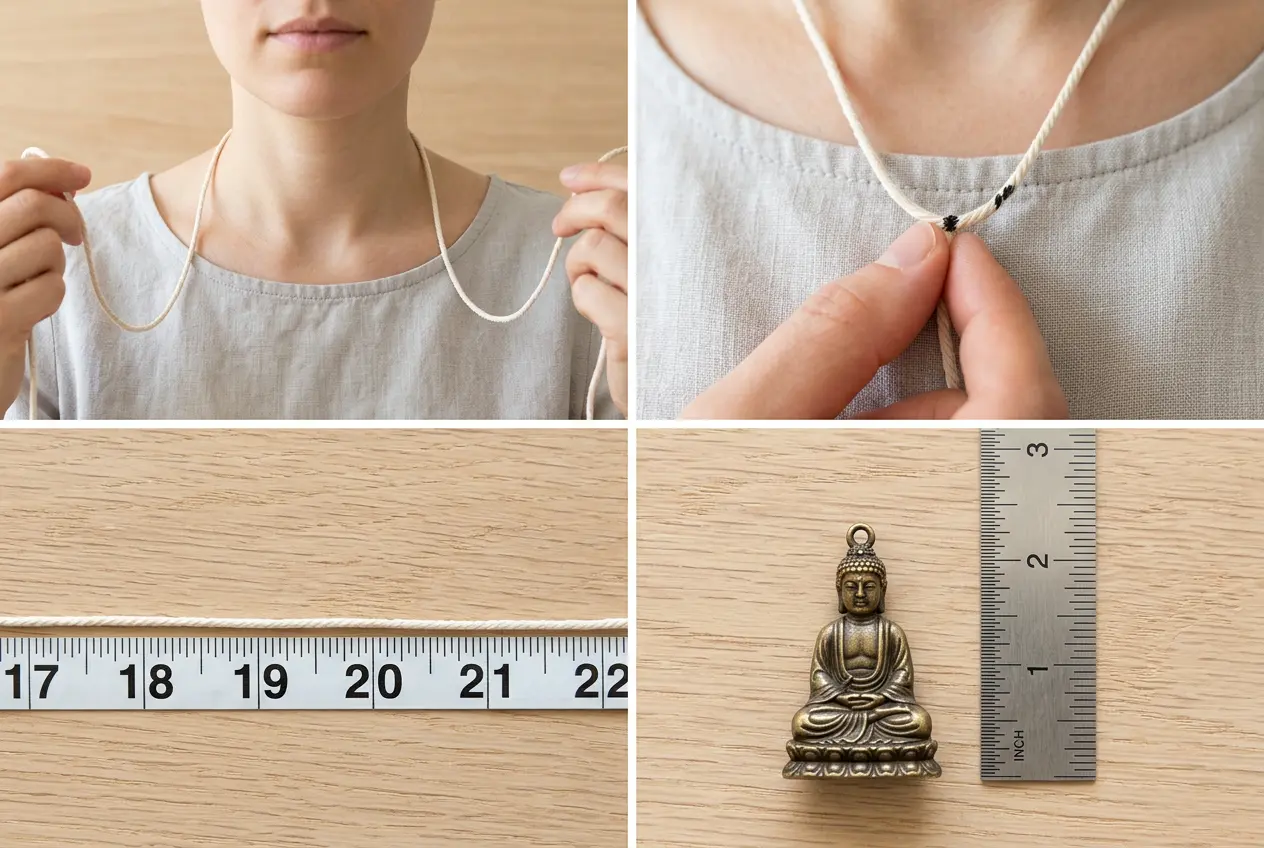 Four steps of the string test: wrapping string around the neck, marking it, measuring it flat, and subtracting pendant height