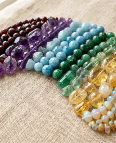 mixed-birthstones-flatlay-choose-your-own Colorful flat lay of birthstones including garnet, amethyst, peridot, and sapphire arranged to show you can wear any gemstone you love