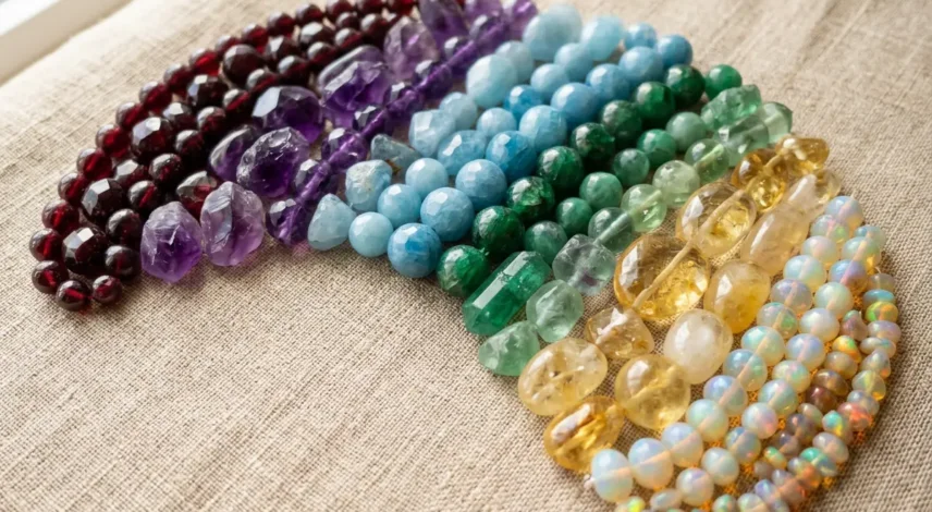 mixed-birthstones-flatlay-choose-your-own Colorful flat lay of birthstones including garnet, amethyst, peridot, and sapphire arranged to show you can wear any gemstone you love