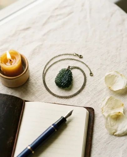 moldavite-pendant-new-beginnings-ritual Illustrated traveler stepping toward a sunlit cliff edge with a small white dog, symbolizing new beginnings in the Fool tarot card