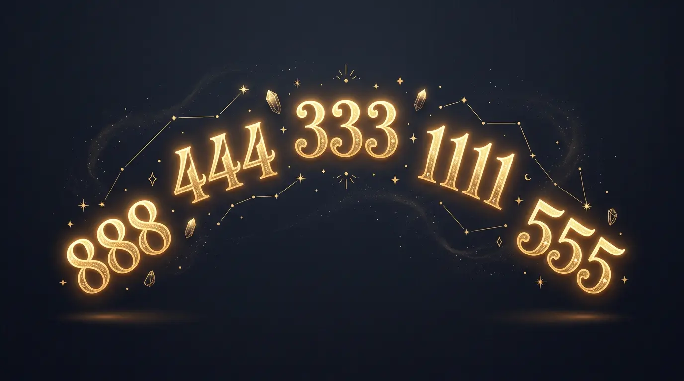 Five money angel numbers 888, 444, 333, 1111, and 555 glowing in gold against a dark background