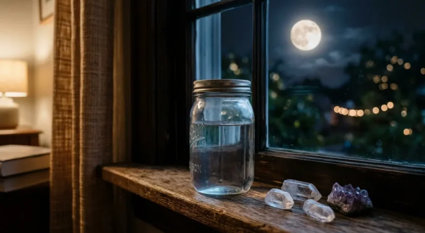 lune-verre-verre-pleine-lune Bocal en verre d'eau de lune se rechargeant sur un rebord de fenêtre sous la pleine lune