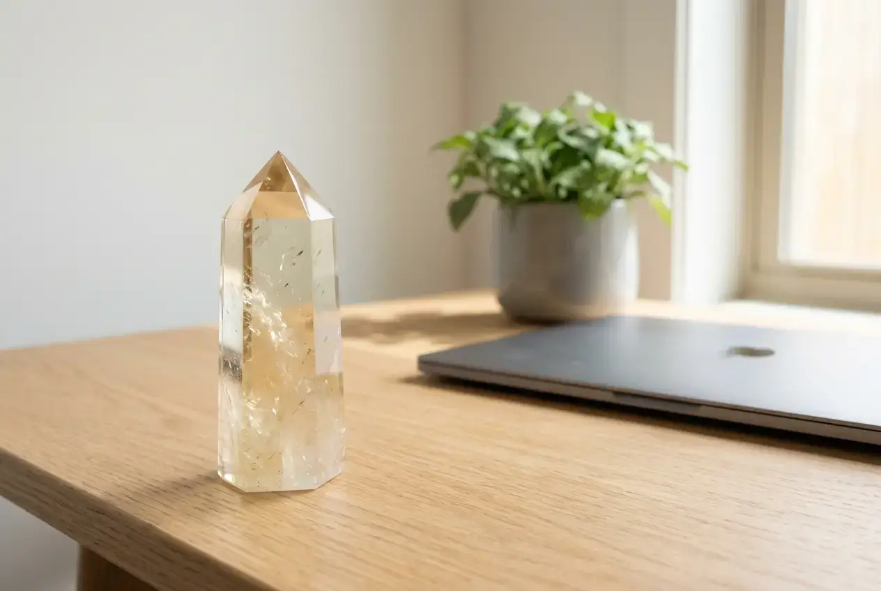 Natural unheated pale citrine crystal tower on the wealth corner of a work desk beside a laptop