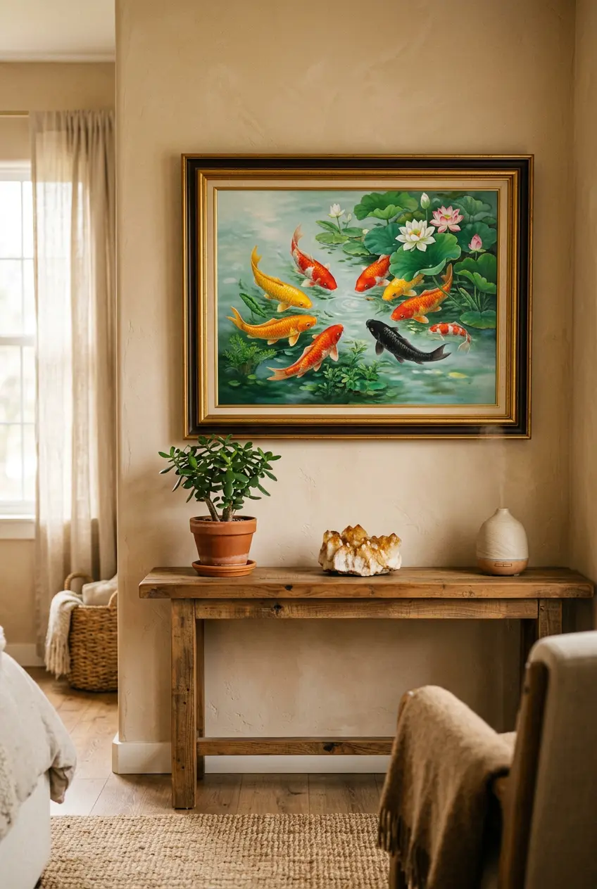 Nine koi painting, eight gold and one black, displayed in a home's southeast feng shui wealth corner
