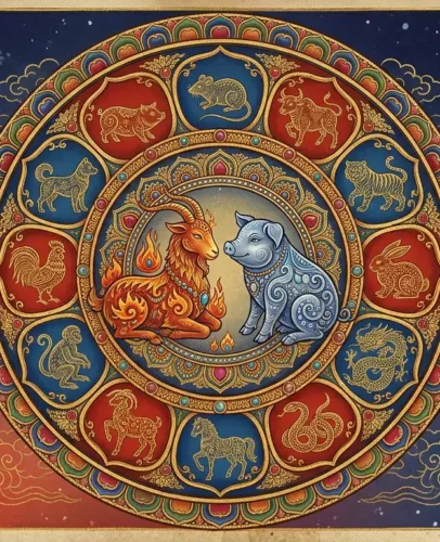 Fire Goat and Water Pig encircled by the 12 Chinese zodiac animals in a Tibetan mandala for the November 2027 horoscope
