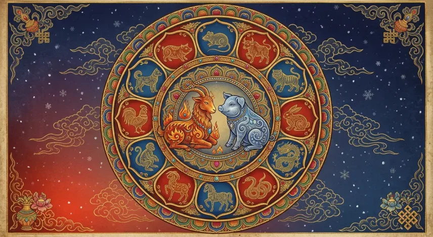 november-2027-fire-goat-water-pig-zodiac-horoscope-hero Fire Goat and Water Pig encircled by the 12 Chinese zodiac animals in a Tibetan mandala for the November 2027 horoscope