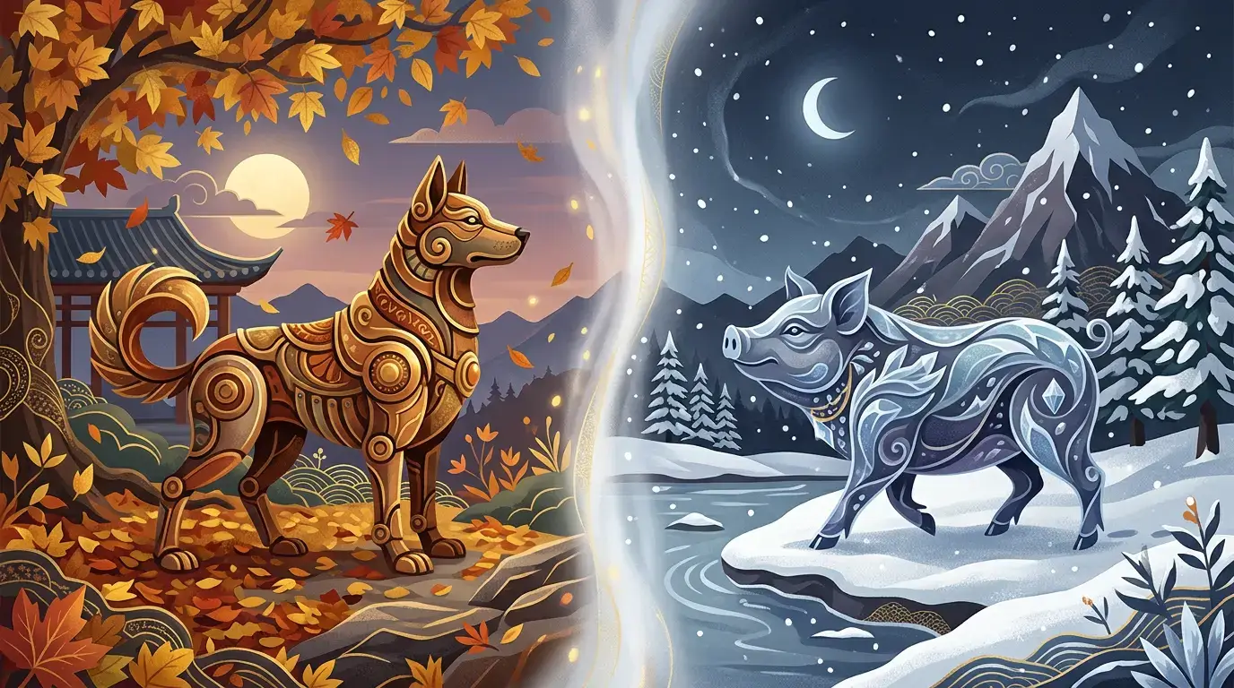 Split illustration of a Metal Dog and a Water Pig showing November 2027's mid-month shift at Lidong, the Start of Winter