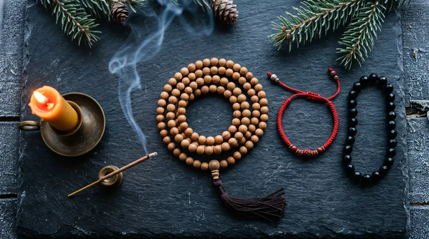 A 108-bead sandalwood mala, cinnabar red string bracelet, and black obsidian beads on a dark altar for winter protection