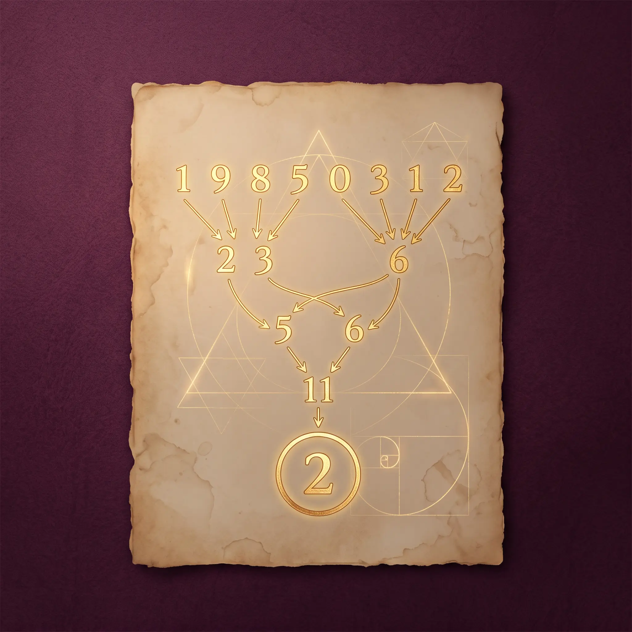 Illustration showing a birth date reduced step by step into a single-digit life path number using numerology