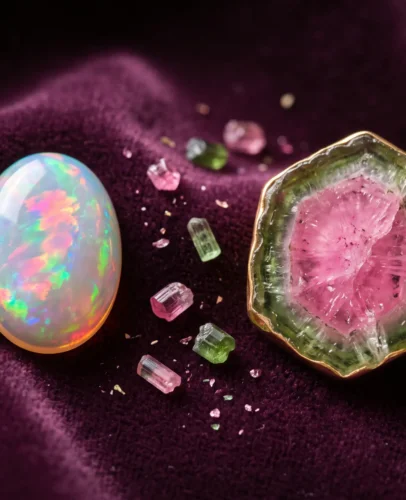 pietre-di-nascita-di-ottobre-opale-tormalina-eroe Opale e tormalina, pietre portafortuna di ottobre, sono esposte insieme, mettendo in risalto il gioco di colori iridescenti dell'opale accanto alle tonalità cristalline rosa e verdi della tormalina.