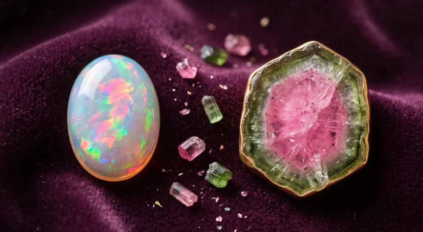 Ekim ayının doğum taşları olan opal ve turmalin bir arada sergileniyor; opalın gökkuşağı renk oyunu, turmalinin pembe ve yeşil kristal tonlarıyla yan yana gösteriliyor.