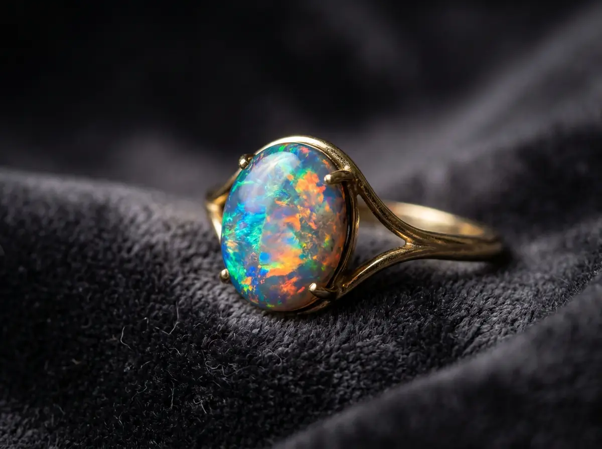 Close-up of an opal ring showing vibrant play-of-color, illustrating that opal superstitions are folklore, not fact