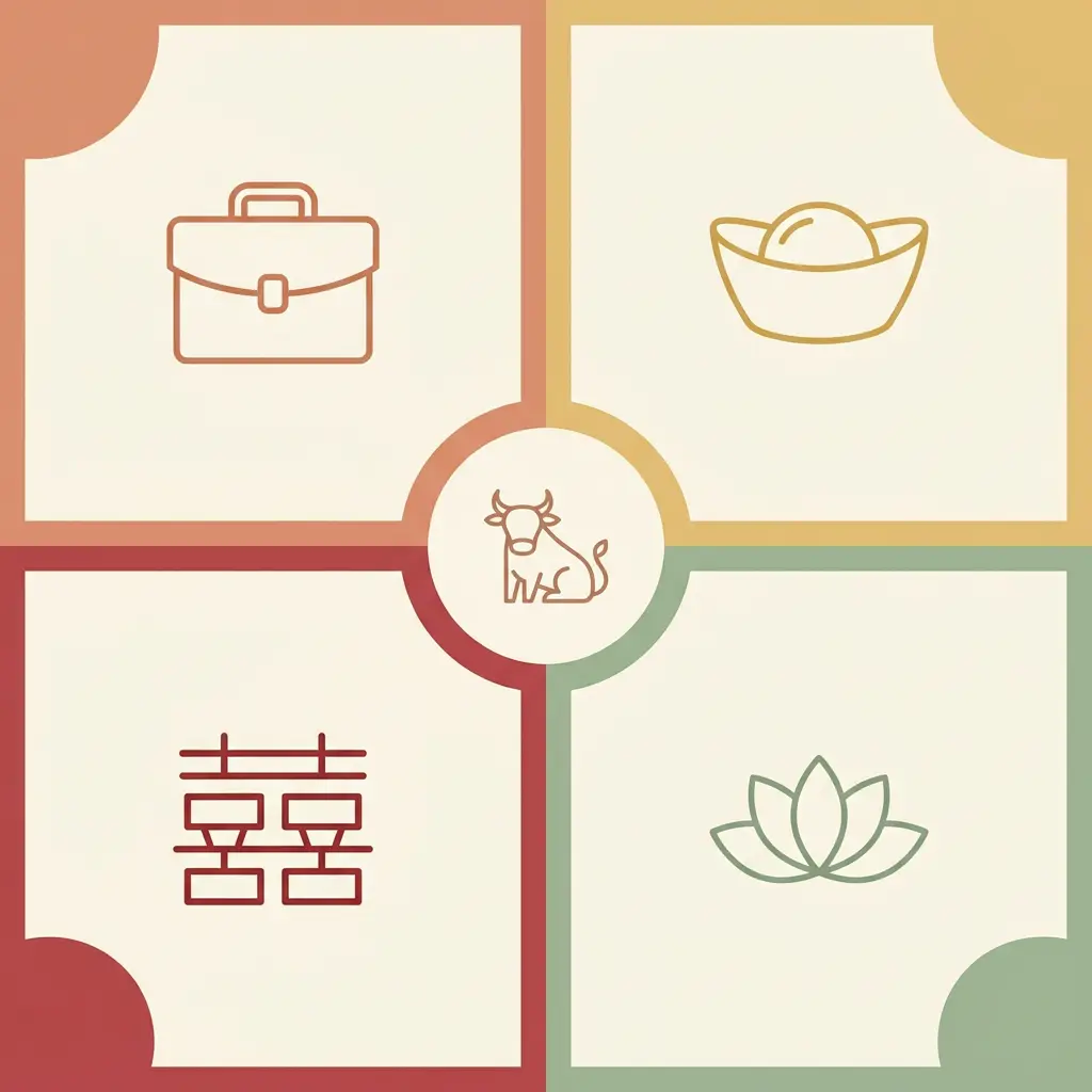Four-quadrant infographic of the Ox's 2027 outlook for career, money, love, and health