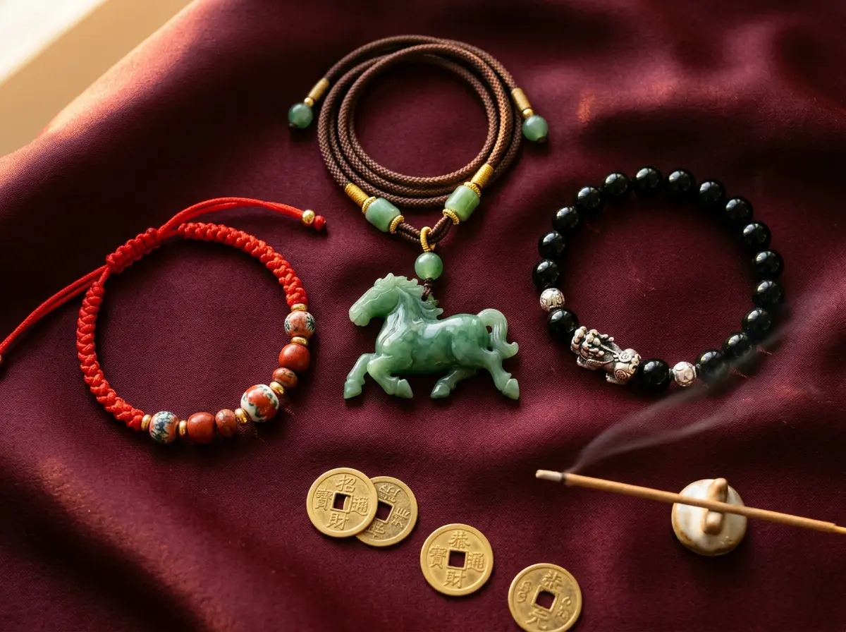 Traditional Ox 2027 clash remedies: jade horse pendant, red string bracelet, and black obsidian Pixiu bracelet