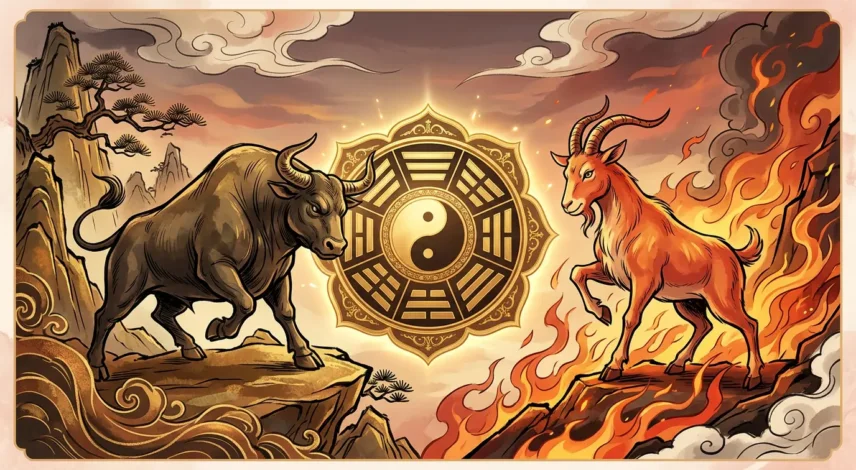 ox-2027-horoscope-goat-clash-hero.jpg Damh stoidiaca na Síne agus Gabhar Tine ag tabhairt aghaidh ar a chéile i léaráid horoscóp 2027 le siombalachas coimhlinte dearg agus óir